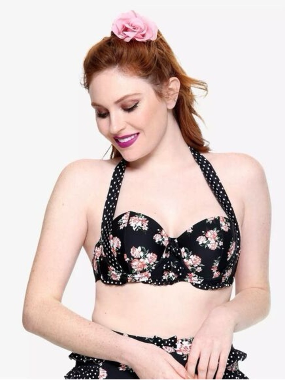 Hot Topic Black Floral Halter Bikini Top with Pink Roses